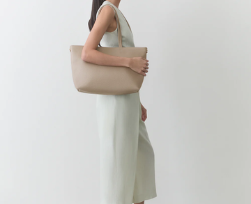 Beige Pebble Leather Large Trapeze Laptop Tote Shoulder Bag