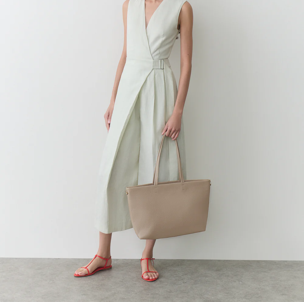 Beige Pebble Leather Large Trapeze Laptop Tote Shoulder Bag