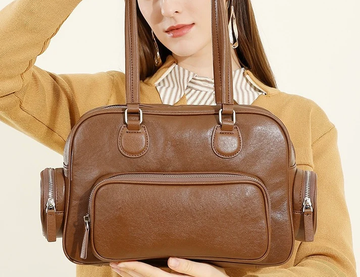 Vintage Multi-Pocket Genuine Cowhide Bowling Shoulder Bag