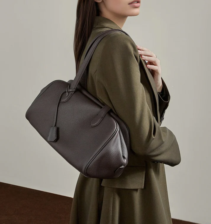 Dark Brown Pebble Leather Medium Bowling Shoulder Bag