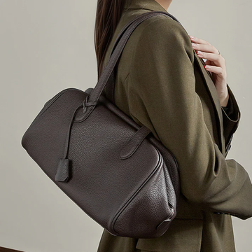 Dark Brown Pebble Leather Medium Bowling Shoulder Bag