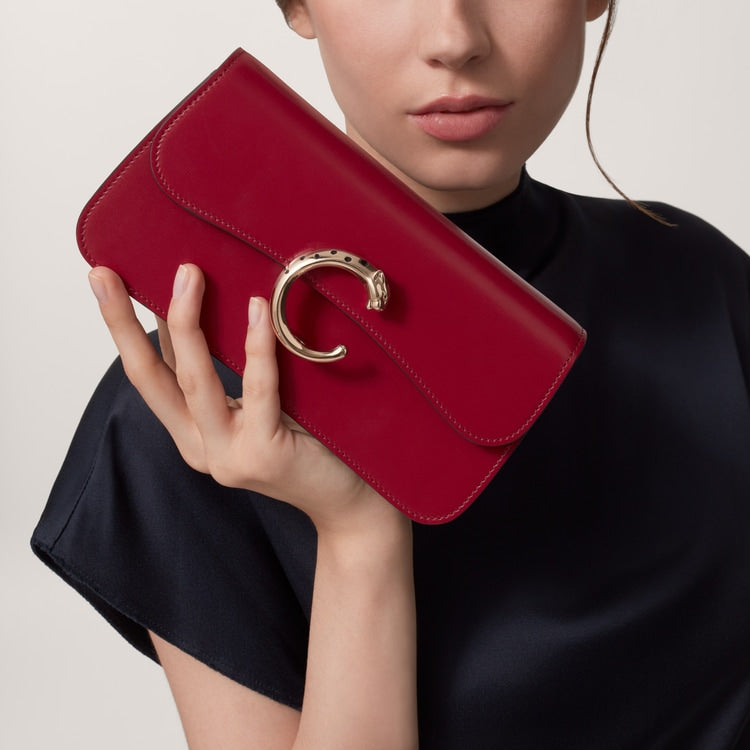 Cherry Red Smooth Calf Leather Panthère Chain Strap Flap Crossbody Bag