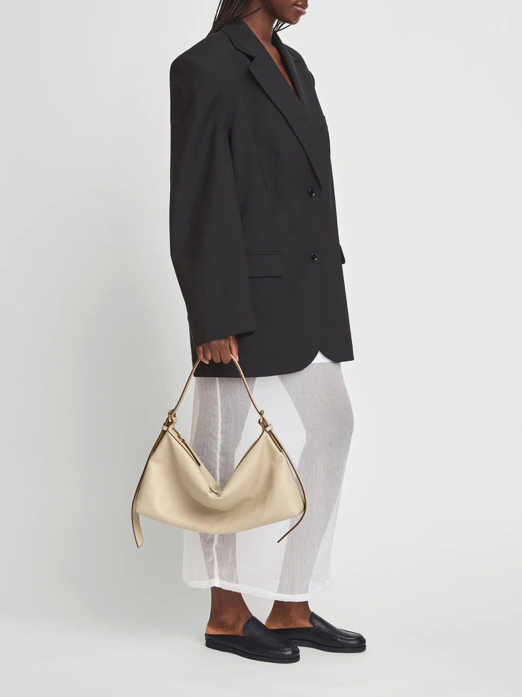 Elongated Calf Leather Adjustable Hobo Shoulder Bag