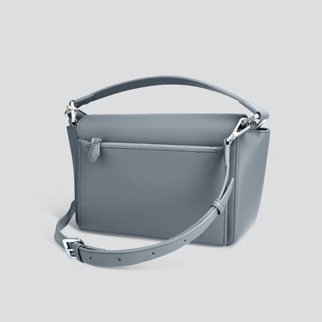Dusty Grey Smooth Leather Flap Crossbody Trapeze Bag