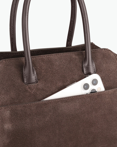Dark Brown Suede Trapeze Convertible Handbag